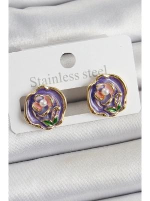 Pirinç Mor Mineli Çiçek Figürlü Sanatsal Portre Model Gold Renk Kadın Küpe