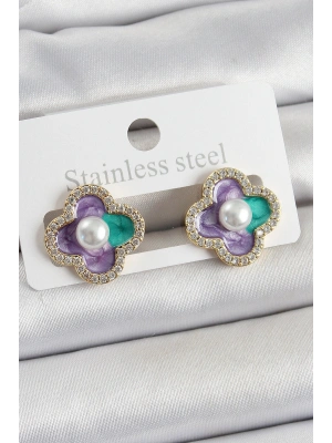 Pirinç Mor Mineli İnci Detaylı Zirkon Taşlı Sanatsal Portre Yonca Model Gold Renk Kadın Küpe