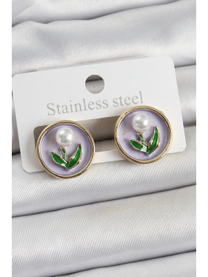 Pirinç Mor Mineli Lale Figürlü Sanatsal Portre Model Gold Renk Kadın Küpe