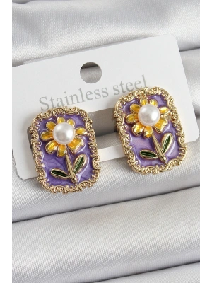 Pirinç Mor Mineli Papatya Figürlü Sanatsal Portre Model Gold Renk Kadın Küpe