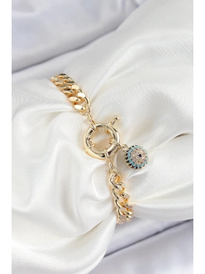 Pirinç Nazar Model Zirkon Taşlı Gold Renk VİP Seri Kadın Bileklik