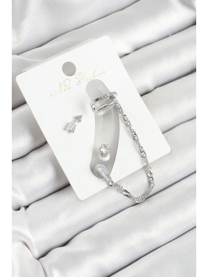 Pirinç Ok Figürlü Zirkon Taşlı Gümüş Renk 3lü Kıkırdak Kadın Küpe Set
