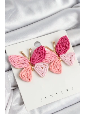 Pirinç Pembe Kelebek Model Gold Renk Kadın Hasır Küpe