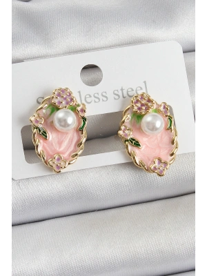 Pirinç Pembe Mineli İnci Detaylı Sanatsal Portre Model Gold Renk Kadın Küpe
