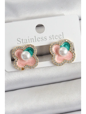 Pirinç Pembe Mineli İnci Detaylı Zirkon Taşlı Sanatsal Portre Yonca Model Gold Renk Kadın Küpe