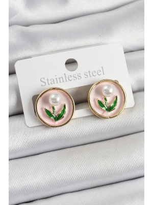 Pirinç Pembe Mineli Lale Figürlü Sanatsal Portre Model Gold Renk Kadın Küpe