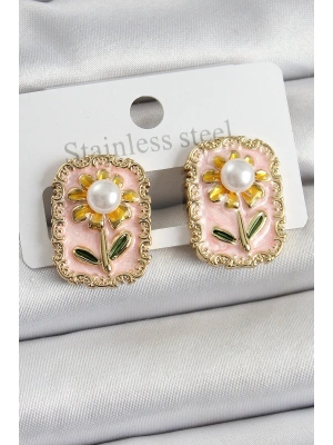 Pirinç Pembe Mineli Papatya Figürlü Sanatsal Portre Model Gold Renk Kadın Küpe