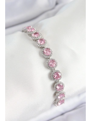 Pirinç Pembe Zirkon Taşlı Daire Baget Model Gümüş Renk VIP Seri Kadın Bileklik