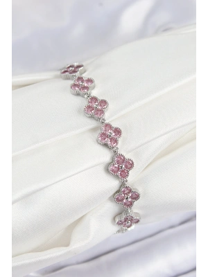 Pirinç Pembe Zirkon Taşlı Yonca Model Gümüş Renk VIP Seri Kadın Bileklik