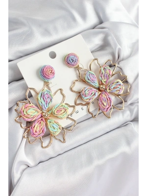 Pirinç Rainbow Çiçek Model Gold Renk Kadın Hasır Küpe