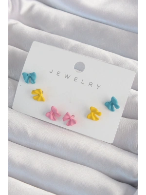 Pirinç Rengarenk Mineli Minimal Fiyonk Küpe Seti