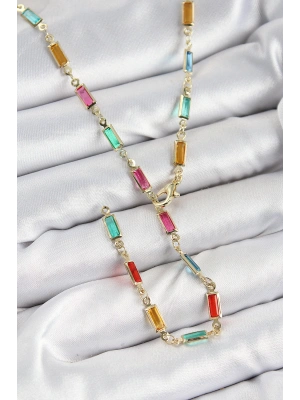 Pirinç Renkli Zirkon Taşlı Dikdörtgen Model Gold Renk Kadın Y Kolye