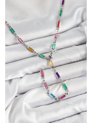 Pirinç Renkli Zirkon Taşlı Dikdörtgen Model Gümüş Renk Kadın Y Kolye