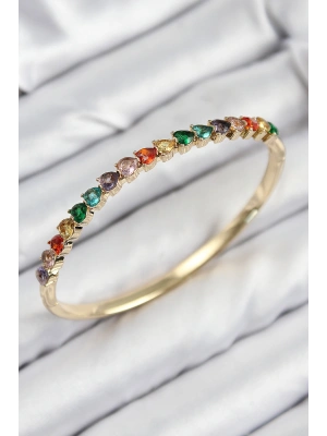 Pirinç Renkli Zirkon Taşlı Kalp Model Gold Renk Kadın Kelepçe