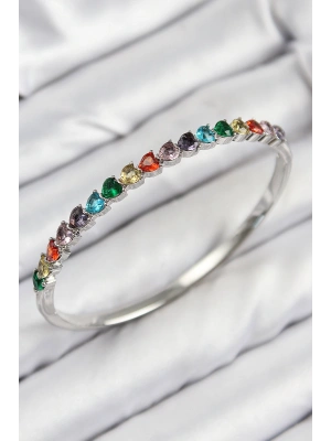 Pirinç Renkli Zirkon Taşlı Kalp Model Gümüş Renk Kadın Kelepçe