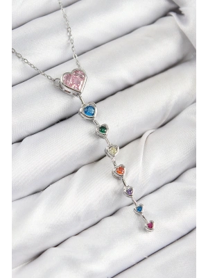 Pirinç Renkli Zirkon Taşlı Kalp Model Gümüş Renk Kadın Y Kolye