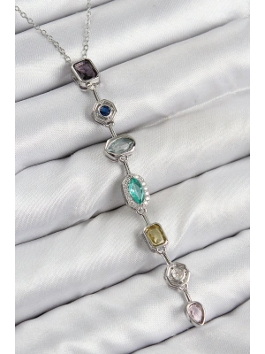 Pirinç Renkli Zirkon Taşlı Model Gümüş Renk 7 Element Kadın Y Kolye