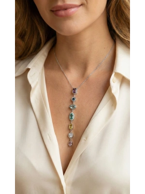 Pirinç Renkli Zirkon Taşlı Model Gümüş Renk 7 Element Kadın Y Kolye