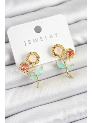 Pirinç Renkli Zirkon Taşlı Papatya Model Gold Renk Kadın Küpe