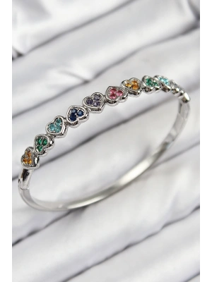 Pirinç Renkli Zirkon Taşlı Sıralı Kalp Model Gümüş Renk Kadın Kelepçe