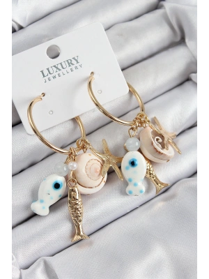 Pirinç Sallantılı Seramik Balık Ve Deniz Kabuğu Model Gold Renk Kadın Küpe