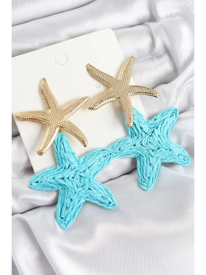 Pirinç Sallantılı Turkuaz Deniz Yıldızı Model Gold Renk Hasır Küpe