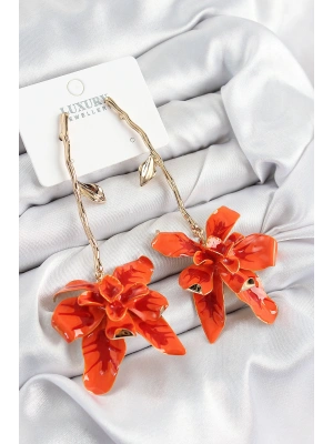 Pirinç Sallantılı Turuncu Çiçek Model Gold Renk Kadın Küpe