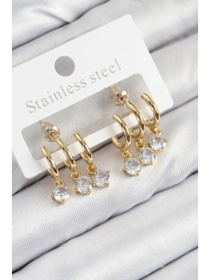 Pirinç Sallantılı Zirkon Taşlı Model Gold Renk Kadın Küpe