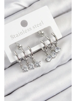 Pirinç Sallantılı Zirkon Taşlı Model Gümüş Renk Kadın Küpe