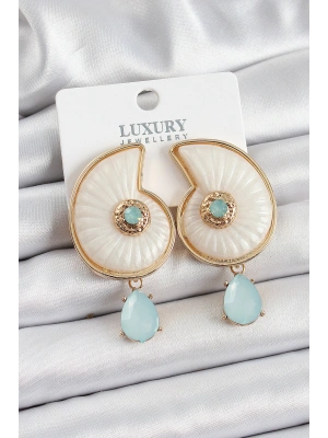 Pirinç Sedef Deniz Kabuğu Figürlü Zirkon Taşlı Gold Renk Kadın Küpe