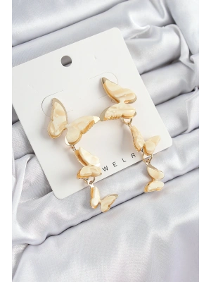 Pirinç Sedef Sallantılı Mermer Desenli Kelebek Model Gold Renk Vintage Kadın Küpe