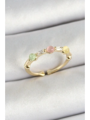 Pirinç Sıralı Boncuk Figürlü Zirkon Taşlı Gold Renk Ayarlanabilir Kadın Yüzük