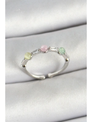 Pirinç Sıralı Boncuk Figürlü Zirkon Taşlı Gümüş Renk Ayarlanabilir Kadın Yüzük