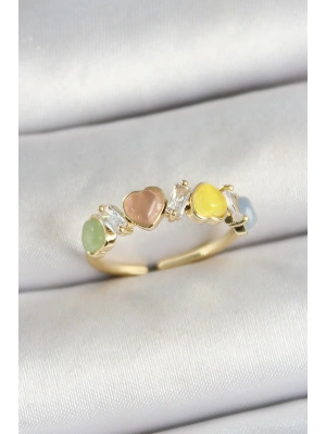 Pirinç Sıralı Kalp Figürlü Zirkon Taşlı Gold Renk Ayarlanabilir Kadın Yüzük