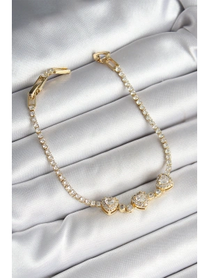 Pirinç Sıralı Kalp Figürlü Zirkon Taşlı Gold Renk Kadın Bileklik
