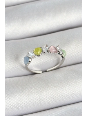 Pirinç Sıralı Kalp Figürlü Zirkon Taşlı Gümüş Renk Ayarlanabilir Kadın Yüzük