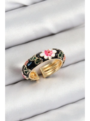 Pirinç Siyah Mineli Çiçek Motifli Gold Renk Ayarlanabilir Kadın Yüzük