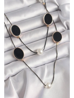 Pirinç Siyah Renk Zincir İnci Detaylı Çoklu Kadın Kolye