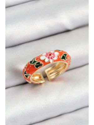 Pirinç Turuncu Mineli Çiçek Motifli Gold Renk Ayarlanabilir Kadın Yüzük