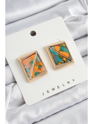 Pirinç  Turuncu Yeşil Üçgen Kesim Detaylı Kare Model Vintage Gold Renk Kadın Küpe