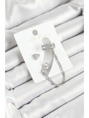 Pirinç Üçgen Figürlü Zirkon Taşlı Gümüş Renk 3lü Kıkırdak Kadın Küpe Set