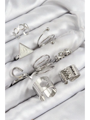 Pirinç Üçgen Model Gümüş Renk Kadın Yüzük Kombin Set