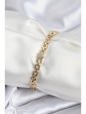 Pirinç VIP Seri Gold Renk Zincir Model Kalpli Zirkon Taşlı Kadın Bileklik