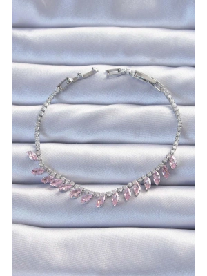 Pirinç Vip Seri Gümüş Renk Pembe Zirkon Taşlı Bileklik