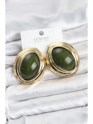 Pirinç Yeşil Badem Model Vintage Gold Kadın Küpe