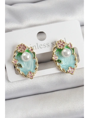 Pirinç Yeşil Mineli İnci Detaylı Sanatsal Portre Model Gold Renk Kadın Küpe