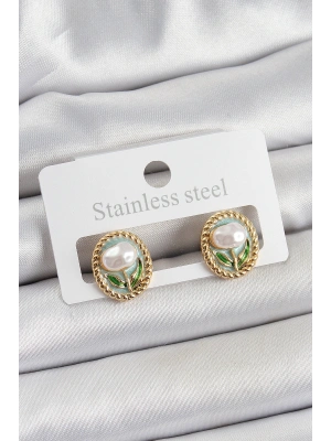 Pirinç Yeşil Mineli Lale Figürlü Sanatsal Portre Model Gold Renk Kadın Küpe