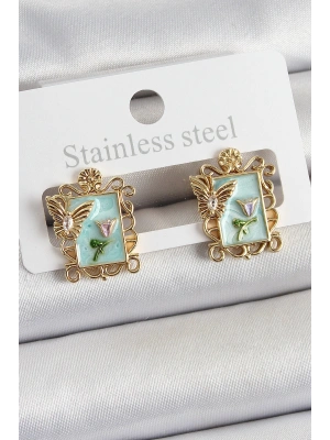 Pirinç Yeşil Mineli Sanatsal Portre Model Gold Renk Kadın Küpe