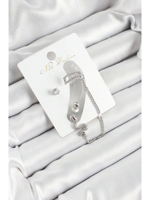 Pirinç Yılan Figürlü Zirkon Taşlı Gümüş Renk 3lü Kıkırdak Kadın Küpe Set