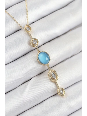 Pirinç Zincir Mavi Gold Renk Zirkon Taşlı Y Kolye